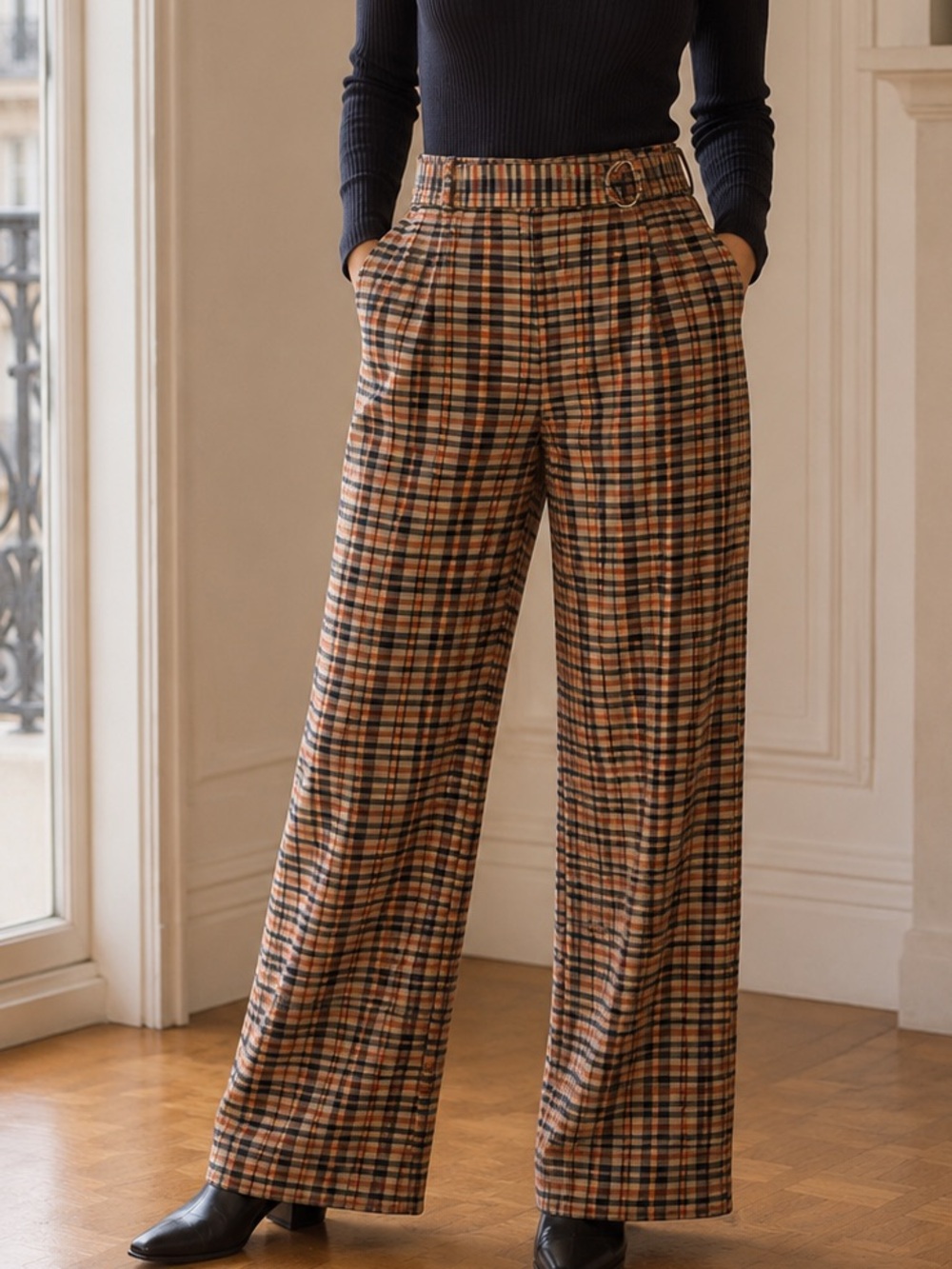 Whistles Tan Orange Navy Plaid Retro Belted Wide-Leg Trousers Preppy Academia